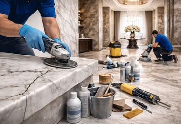 خدمات صيانة شاملة تشمل معالجة التشققات، إصلاح الكسور، تجديد الرخام القديم، وإعادة تأهيل الأرضيات للح